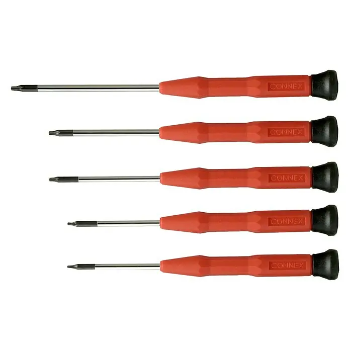 Connex Set de destornilladores de precisión COXT977010 - 5 pzs., Acero - Un juego de destornilladores Connex Torx con mangos rojos. Ideal para trabajos de precisión y reparaciones.