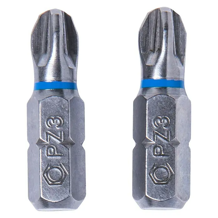 Connex Punta COXT973313 - PZ 3, 25 mm - Primer plano de dos puntas de destornillador PZ3 con marcas azules sobre fondo negro.