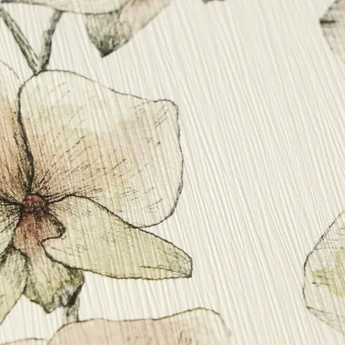 A.S. Création Pintwalls 3 Vliestapete Blüten - Weiß-Lila, Floral, 10,05 x 0,53 m - Nahaufnahme einer cremefarbenen strukturierten Tapete mit gedämpftem, skizziertem Blumenmuster in Braun-, Grün- und Cremetönen.