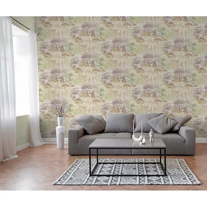 A.S. Création Pintwalls 3 Vliestapete Natur - Beige-Grün, Floral, 10,05 x 0,53 m - Waldmuster-Tapete in gedämpften Grün-, Braun- und Violetttönen an einer Wohnzimmerwand.