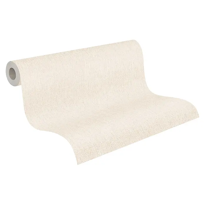 A.S. Création Metropolitan Stories Vibes & Styles Vliestapete Uni - Creme-Metallic, Uni, 10,05 x 0,53 m - Eine Rolle hellbeiger strukturierter Tapete, teilweise abgerollt.