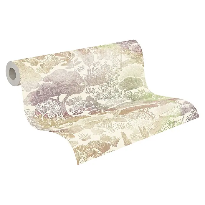 A.S. Création Pintwalls 3 Vliestapete Natur - Beige-Grün, Floral, 10,05 x 0,53 m - Abgerollte Tapetenrolle mit von der Natur inspiriertem Muster aus Bäumen und Blättern in erdigen Farbverläufen.