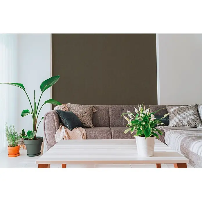 A.S. Création Cuba 2 Vliestapete Uni - Braun-Grau, Uni, 10,05 x 0,53 m - Dunkelbraune, strukturierte Akzentwand in einem gemütlichen Wohnzimmer mit grauem Sofa und Pflanzen.