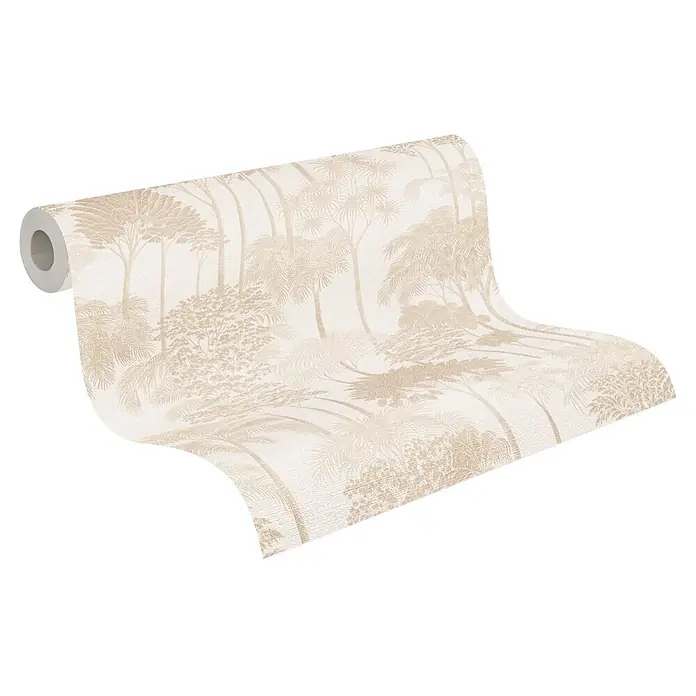 A.S. Création Cuba 2 Vliestapete Wald - Beige-Creme, Floral, 10,05 x 0,53 m - Eine Rolle beigefarbener Tapete mit texturiertem tropischem Baummuster.