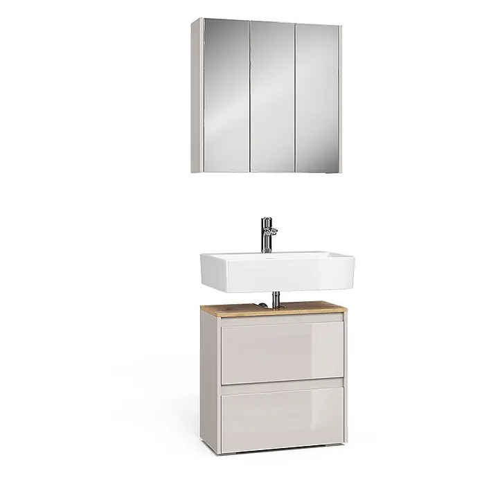 Vicco Badmöbel-Set Majest Cashmere 2 Teile - Cashmere, Matt - Hellgrauer Badunterschrank mit zwei Schubladen, Holzplatte, weißem Aufsatzwaschbecken mit Chromarmatur und passendem dreitürigem Spiegelschrank.