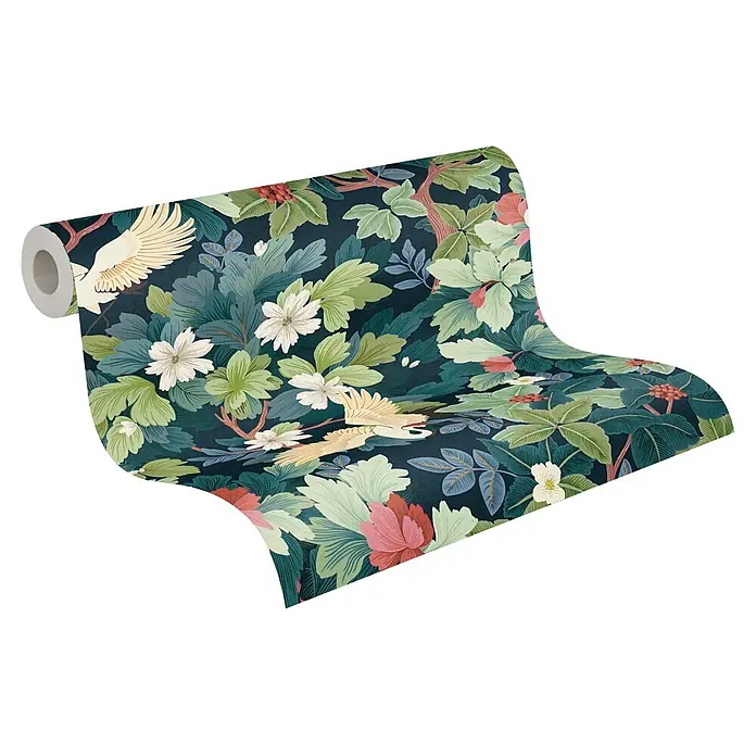 A.S. Création Pintwalls 3 Vliestapete Botanik - Blau-Grün, Floral, 10,05 x 0,53 m - Rolle Tapete mit üppigem botanischem Muster aus grünen Blättern, weißen und rosa Blüten sowie eleganten weißen Vögeln auf dunklem Hintergrund.