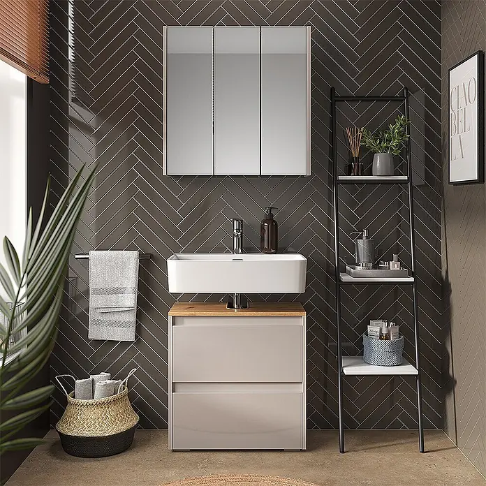 Vicco Badmöbel-Set Majest Cashmere 2 Teile - Cashmere, Matt - Moderne Badmöbel mit hellbeigen Schubladen, Holzplatte, weißem Waschbecken und dreitürigem Spiegelschrank.