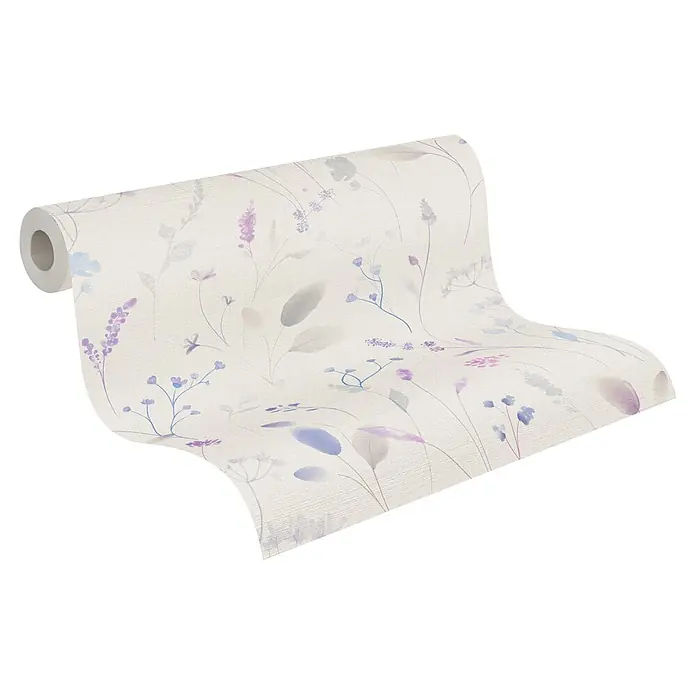 A.S. Création Pintwalls 3 Vliestapete Gräser - Weiß-Lila, Floral, 10,05 x 0,53 m - Rolle heller Tapete mit zartem blauem, lila und grauem Blumen- und Blattmuster.