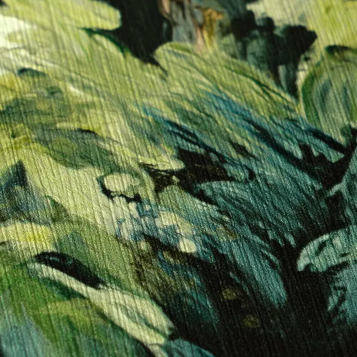 A.S. Création Pintwalls 3 Vliestapete Wald - Grün, Floral, 10,05 x 0,53 m - Nahaufnahme eines grün-blauen, abstrakt gemusterten Rippstoffs.