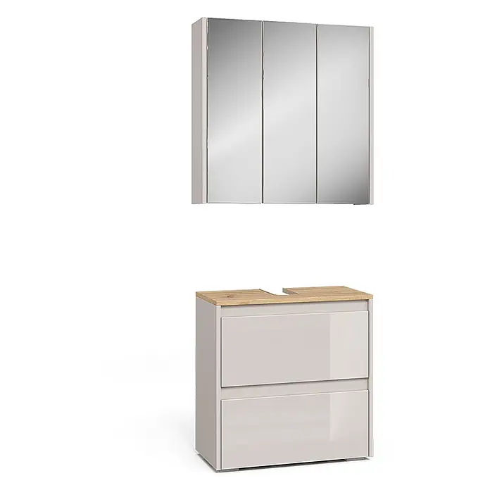 Vicco Badmöbel-Set Majest Cashmere 2 Teile - Cashmere, Matt - Heller, grauer Spiegelschrank mit drei Türen und passendem Waschtischunterschrank mit zwei Schubladen und heller Holzplatte.