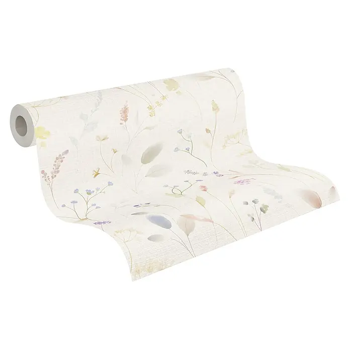 A.S. Création Pintwalls 3 Vliestapete Gräser - Weiß-Grün, Floral, 10,05 x 0,53 m - Teilweise abgerollte Tapetenrolle mit zartem, gedecktem Blumen- und Pflanzenmuster auf hellem Hintergrund.