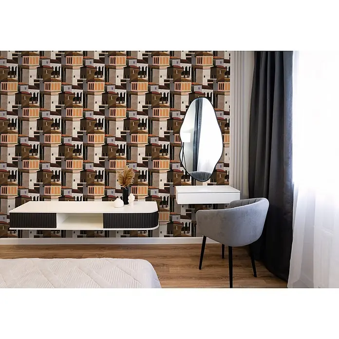 A.S. Création Pintwalls 3 Vliestapete Mediterran - Weiß-Braun, Sonstiges, 10,05 x 0,53 m - Gemusterte Tapete mit stilisierten braunen, beigen und orangen Architekturmotiven in einem modernen Raum.