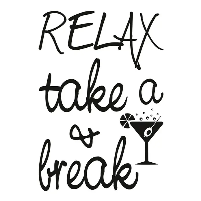 Vinilo de pared relax - 68 x 48 cm, Negro, Plástico - Imagen en blanco y negro con las palabras "RELAX, take a break" y un gráfico de cóctel, ideal para momentos relajados.