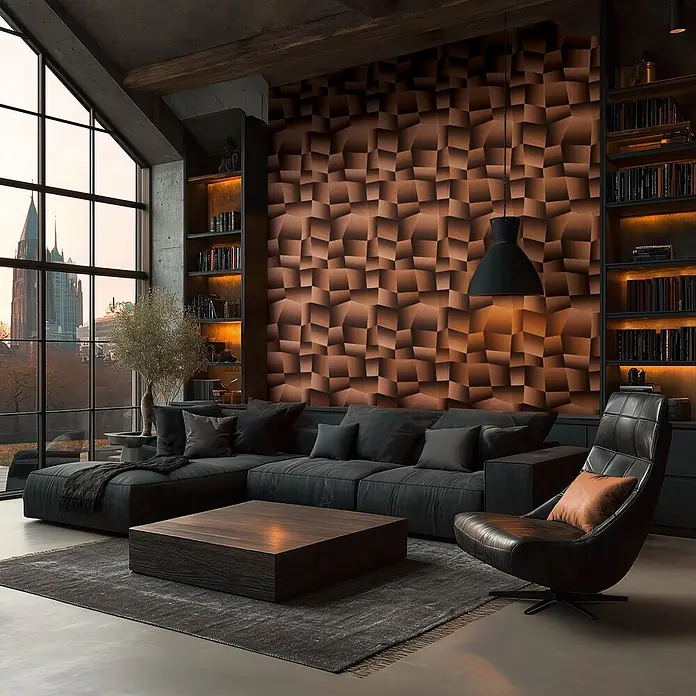 A.S. Création Metropolitan Stories Vibes & Styles Vliestapete Grafik I - Braun-Metallic, Uni, 10,05 x 0,53 m - Ein modernes, luxuriöses Wohnzimmer mit dunklem Ecksofa, Holztisch und markanter kupferfarbener Textur-Akzentwand.
