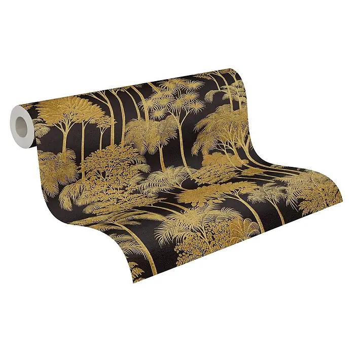 A.S. Création Cuba 2 Vliestapete Wald - Schwarz-Gold, Floral, 10,05 x 0,53 m - Tapetenrolle in Dunkel mit schimmerndem goldenem Urwaldmuster.