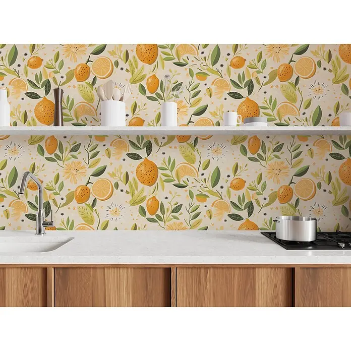 A.S. Création Pintwalls 3 Vliestapete Zitronen - Creme-Gelb, Floral, 10,05 x 0,53 m - Küchenrückwand mit lebhaftem gelb-grünem Zitronen- und Blumenmuster, mit weißem Regal und Holzschränken.
