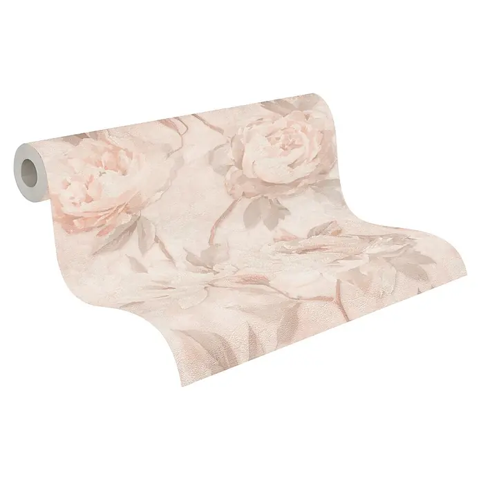 A.S. Création Pintwalls 3 Vliestapete Blüte - Creme-Orange, Floral, 10,05 x 0,53 m - Rolle hellrosa Blümchentapete mit strukturierter Oberfläche, teilweise abgerollt.