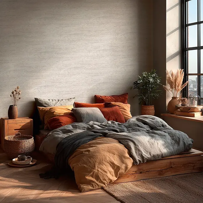 A.S. Création Metropolitan Stories Vibes & Styles Vliestapete Stein - Grau-Weiß, Steinoptik, 10,05 x 0,53 m - Strukturierte hellbeige Wand mit subtilen horizontalen und rissigen Mustern in einem sonnigen Schlafzimmer.