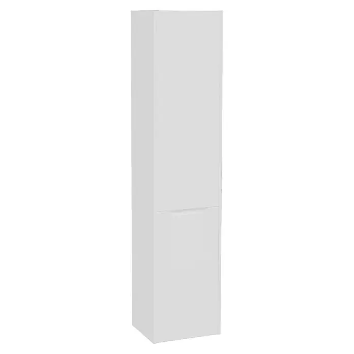 VitrA Hochschrank Integra Square - B x T x H: 40 x 37 x 180 cm, Weiß, Inklusive 3 Glasböden und Wäscheklappe, DIN Anschlag: Links - Weißer Hochschrank mit zwei Türen und integriertem Griff.