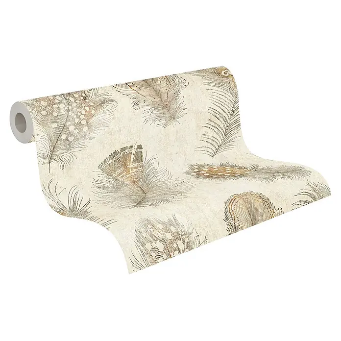 A.S. Création Pintwalls 3 Vliestapete Federn - Beige-Braun, Sonstiges, 10,05 x 0,53 m - Rolle texturierter Tapete mit elegantem braun-goldenem Federdesign auf hellem Beigegrund.
