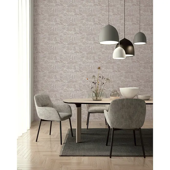 A.S. Création Pintwalls 3 Vliestapete Natur - Beige-Weiß, Floral, 10,05 x 0,53 m - Hellbraune Tapete mit einem komplizierten, weitläufigen Wald- und Blattmuster, das ein modernes Esszimmer verschönert.