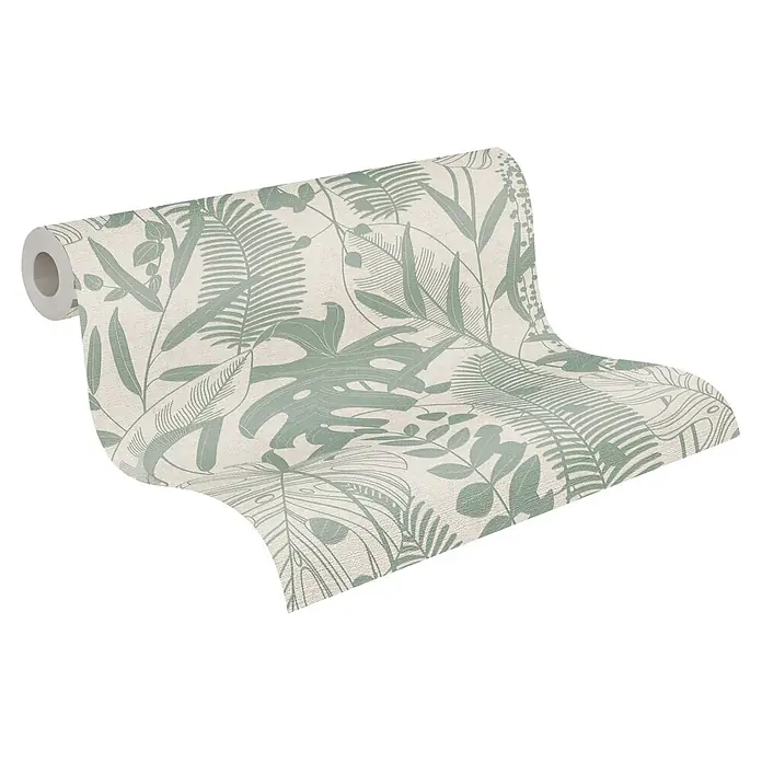 A.S. Création Cuba 2 Vliestapete Blätter - Creme-Grau, Floral, 10,05 x 0,53 m - Eine Tapetenrolle mit hellem Cremegrund und grünem Tropenblattmuster, teilweise ausgerollt.