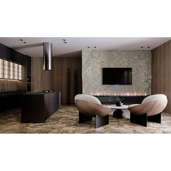 Feinsteinzeugfliese Onyx Freedom - 60 x 120 cm, Grey, Matt - Zwei moderne Lounge-Sessel mit geschwungenen Holzrahmen und hellen Polstersitzen, die einen niedrigen Couchtisch flankieren.