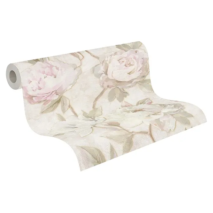 A.S. Création Pintwalls 3 Vliestapete Blüte - Creme-Grün, Floral, 10,05 x 0,53 m - Eine sich abrollende Tapetenrolle mit hellem, texturiertem Blumenmuster in Rosa- und Grüntönen.
