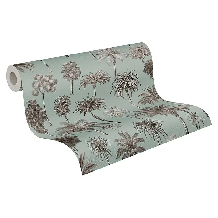 A.S. Création Pintwalls 3 Vliestapete Palmen - Braun-Grau, Floral, 10,05 x 0,53 m - Tapetenrolle mit hellgrünem Hintergrund und grauem Palmenmuster.