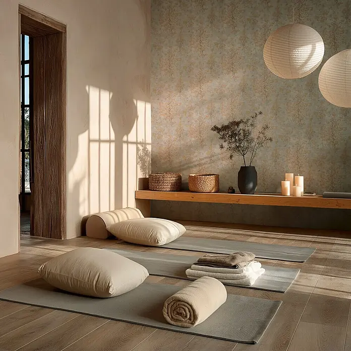 A.S. Création Metropolitan Stories Vibes & Styles Vliestapete Zweige - Beige-Grau, Floral, 10,05 x 0,53 m - Graue Yogamatten mit beigen Kissen und gerollten Decken in einem ruhigen, sonnendurchfluteten Raum.