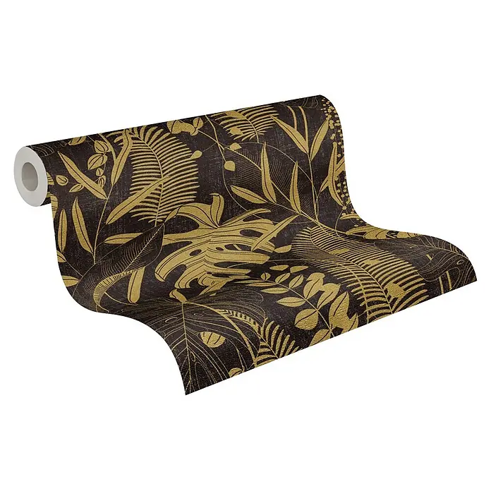 A.S. Création Cuba 2 Vliestapete Blätter - Schwarz-Gold, Floral, 10,05 x 0,53 m - Tapetenrolle mit dunklem Hintergrund und schimmerndem goldenem Tropenblattmuster.