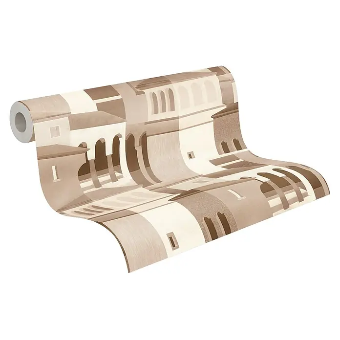 A.S. Création Pintwalls 3 Vliestapete Mediterran - Braun-Beige, Sonstiges, 10,05 x 0,53 m - Rolle beiger und brauner Tapete mit Architekturmuster, gewellt ausgerollt.