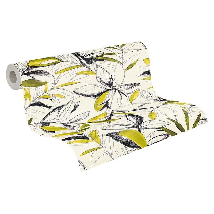 A.S. Création Pintwalls 3 Vliestapete Blätter - Grün-Schwarz, Floral, 10,05 x 0,53 m - Teilweise abgerollte Tapetenrolle mit botanischem Muster aus schwarzen Umrissen und leuchtend gelbgrünen Blättern auf hellem Hintergrund.