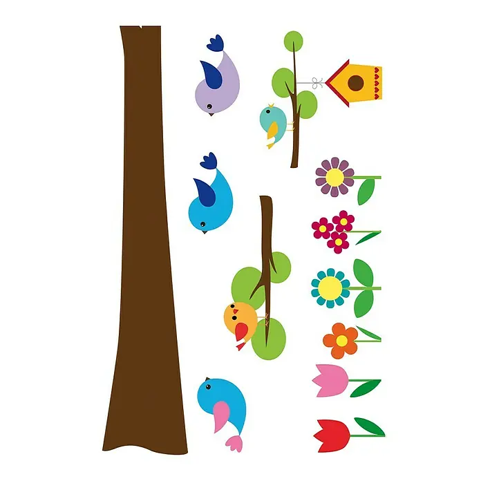 Vinilo de pared Árbol - 48 x 68 cm, Multicolor, Plástico - Ilustración de una hoja de pegatinas con árboles, pájaros, una pajarera y flores en colores brillantes. Ideal para decorar habitaciones infantiles.