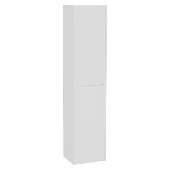 VitrA Integra Square Hochschrank - B x T x H: 40 x 37 x 180 cm, Weiß, Inklusive 4 Glaseinlegeböden, DIN Anschlag: Links - Weißer Badezimmerschrank mit zwei Türen und integriertem Griff.