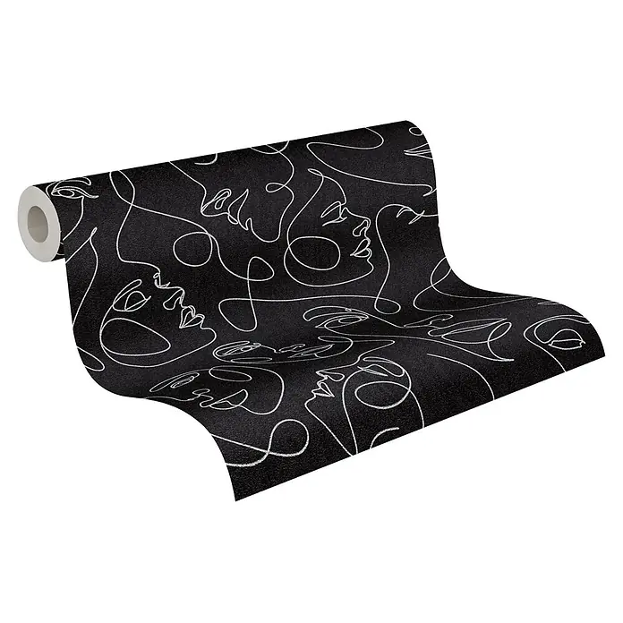 A.S. Création Pintwalls 3 Vliestapete Gesichter - Schwarz-Silber, Grafisch, 10,05 x 0,53 m - Rolle schwarzer Tapete mit weißen, durchgehenden Linien, die abstrakte Gesichter darstellen.