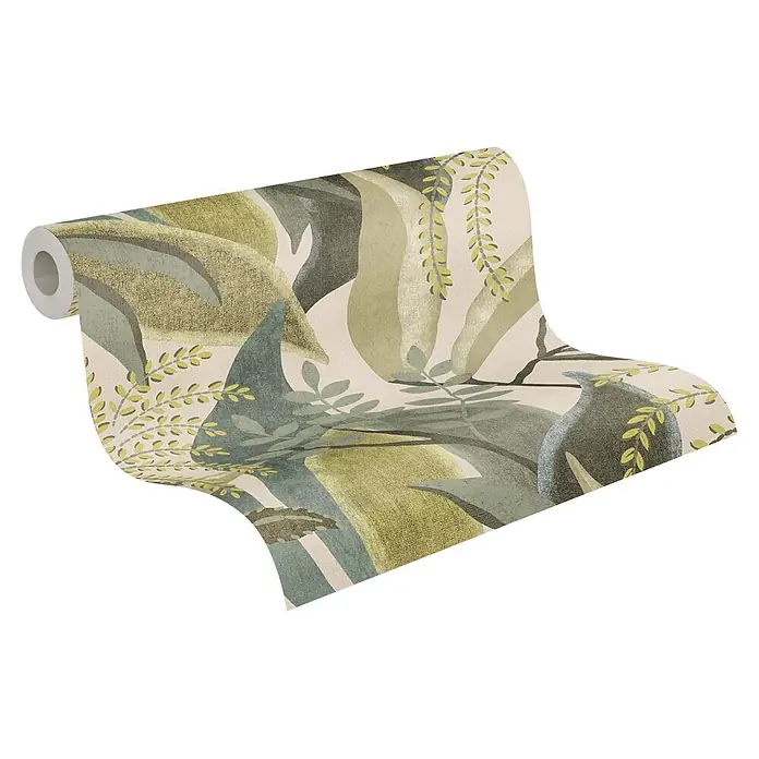 A.S. Création Pintwalls 3 Vliestapete Tropen - Grün-Creme, Floral, 10,05 x 0,53 m - Tapetenrolle mit tropischem Blattmuster, abgerollt, in Grün- und Mattfarben.