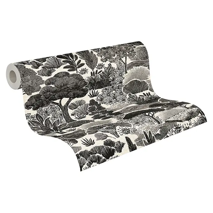 A.S. Création Pintwalls 3 Vliestapete Natur - Grau-Schwarz, Floral, 10,05 x 0,53 m - Tapetenrolle mit einem komplexen schwarz-weißen Natur- und Blattmuster.