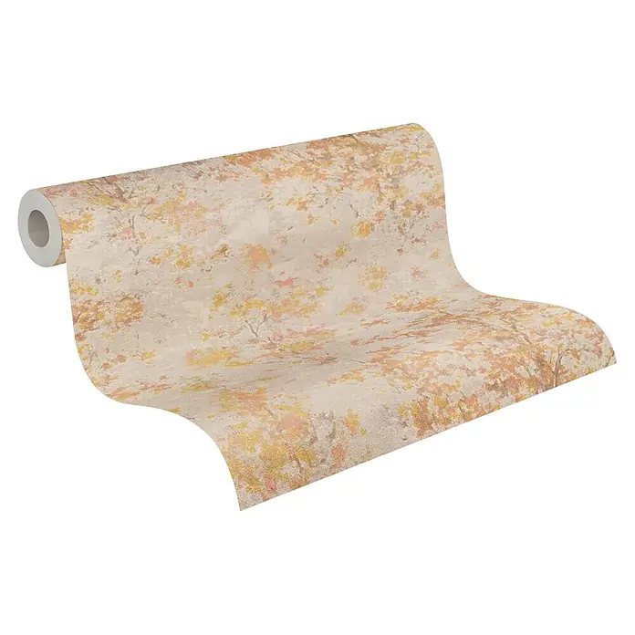 A.S. Création Metropolitan Stories Vibes & Styles Vliestapete Zweige - Beige-Grau, Floral, 10,05 x 0,53 m - Strukturierte Tapetenrolle mit cremefarbenem, gelbem und orangefarbenem Herbstlaubmuster.