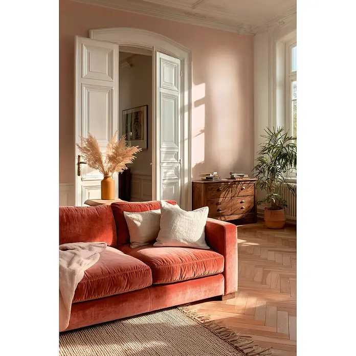 A.S. Création Metropolitan Stories Vibes & Styles Vliestapete Textil - Rosa, Uni, 10,05 x 0,53 m - Ein großes korallenrotes Samtsofa mit Kissen und Decke in einem sonnigen Wohnzimmer.