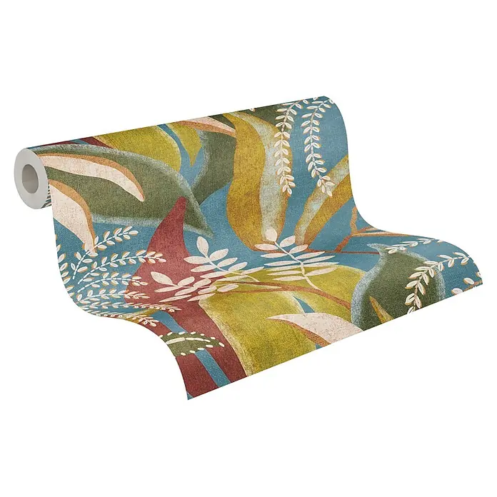 A.S. Création Pintwalls 3 Vliestapete Tropen - Blau-Rot, Floral, 10,05 x 0,53 m - Tapetenrolle mit botanischem Muster aus blauen, grünen, gelben und rotbraunen abstrakten Blättern mit cremefarbenen Akzentblättern.