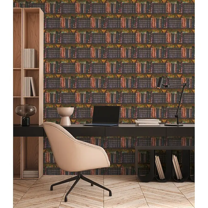 A.S. Création Pintwalls 3 Vliestapete Bücher - Grün-Braun, Sonstiges, 10,05 x 0,53 m - Tapete mit Regalen voller klassischer Bücher in einer Heimbüroumgebung.