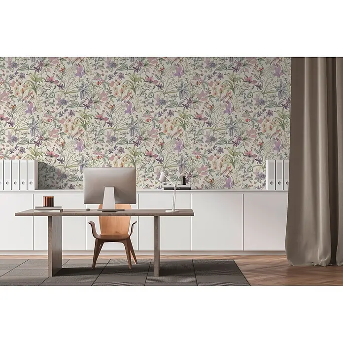 A.S. Création Pintwalls 3 Vliestapete Blüten - Weiß-Lila, Floral, 10,05 x 0,53 m - Farbenfrohe Blumentapete mit rosa, lila und grünen Mustern, Blumen, Blättern und Schmetterlingen, in einem modernen Heimbüro.