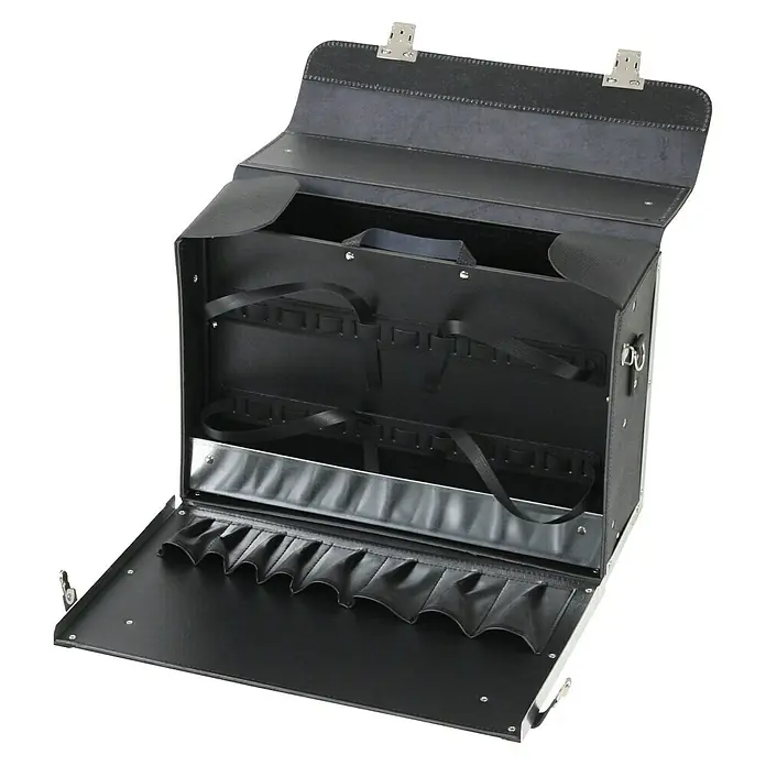 Hepco & Becker Werkzeugtasche Favorit 7120 - Innenmaß: B x T x H: 420 x 150 x 250 mm, Leder - Offener, schwarzer, professioneller Make-up-Koffer mit silberfarbenen Beschlägen, der eine organisierte Innenausstattung für Kosmetikprodukte zeigt.