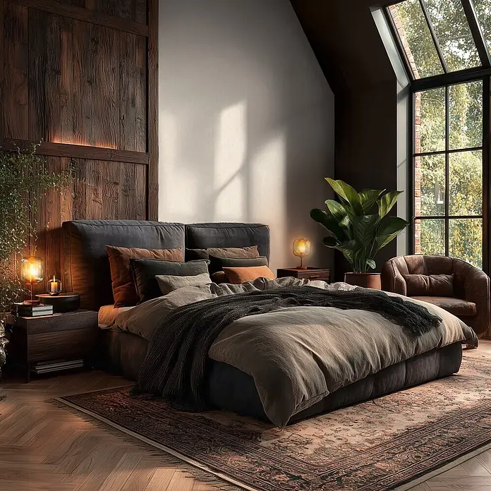 A.S. Création Metropolitan Stories Vibes & Styles Vliestapete Uni - Weiß-Creme, Uni, 10,05 x 0,53 m - Ein gemütliches Schlafzimmer mit dunklem Polsterbett, weicher, erdiger Bettwäsche, warmer Beleuchtung und großem Fenster mit Baumblick.