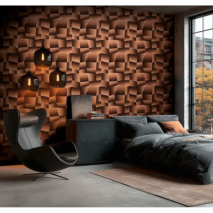 A.S. Création Metropolitan Stories Vibes & Styles Vliestapete Grafik I - Braun-Metallic, Uni, 10,05 x 0,53 m - Strukturierte braune Holzoptik-Wandverkleidung in einem modernen Schlafzimmer, die eine geometrische 3D-Akzentwand bildet.