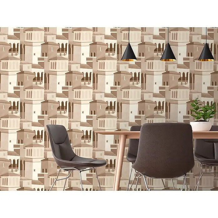 A.S. Création Pintwalls 3 Vliestapete Mediterran - Braun-Beige, Sonstiges, 10,05 x 0,53 m - Braune und beige Stadtbild-Tapete in einem Esszimmer mit Tisch, Stühlen und Pendelleuchten.