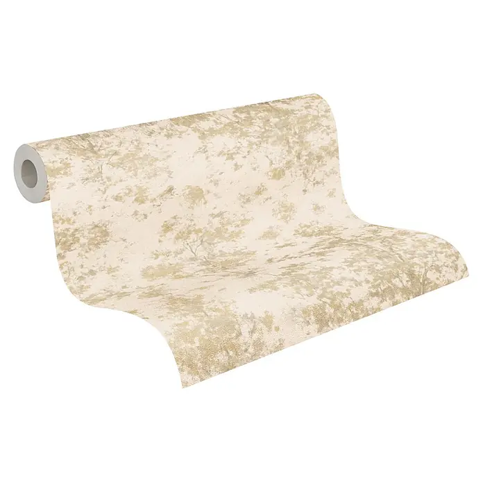 A.S. Création Metropolitan Stories Vibes & Styles Vliestapete Zweige - Creme-Gelb, Floral, 10,05 x 0,53 m - Creme- und goldfarbene strukturierte Tapetenrolle mit abstraktem Muster, teilweise ausgerollt.