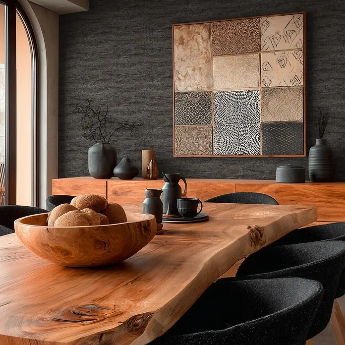 A.S. Création Metropolitan Stories Vibes & Styles Vliestapete Stein - Schwarz-Grau, Steinoptik, 10,05 x 0,53 m - Ein Esstisch aus Holz mit Baumkante, als Mittelpunkt eines modernen Esszimmers, trägt eine dekorative Holzschale und schwarzes Geschirr.
