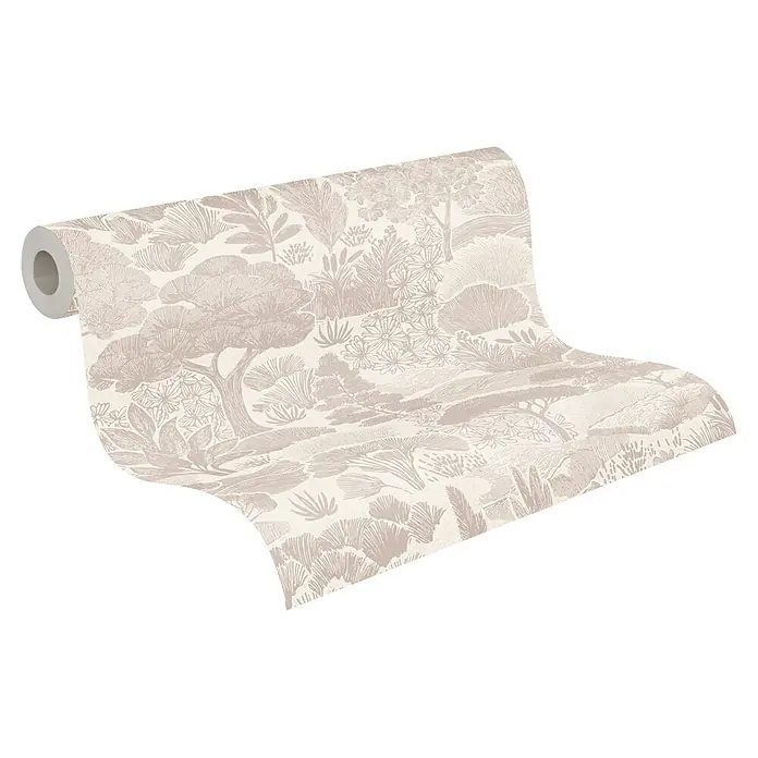 A.S. Création Pintwalls 3 Vliestapete Natur - Beige-Weiß, Floral, 10,05 x 0,53 m - Tapetenrolle mit detailliertem beigem Pflanzenmuster, das Bäume und Pflanzen zeigt und sich entrollt.